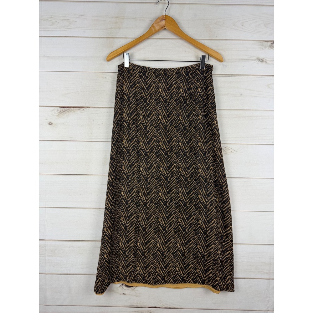 Valerie Stevens Skirt 8 Petite Black Tan 100% Silk Chevron Zigzag Midi